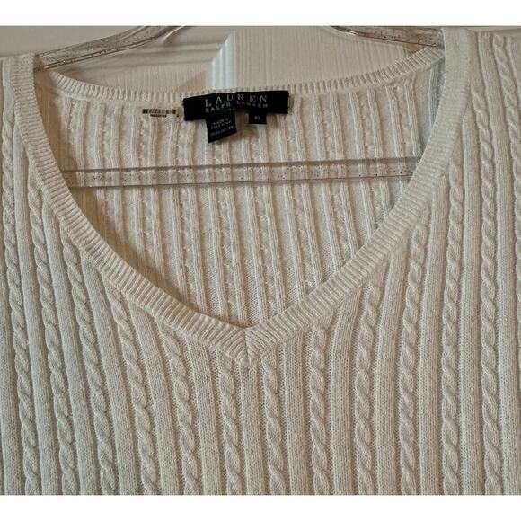 Lauren Ralph Lauren Women's Cable Knit V-Neck Sweater White Size XL - Picture 2 of 8